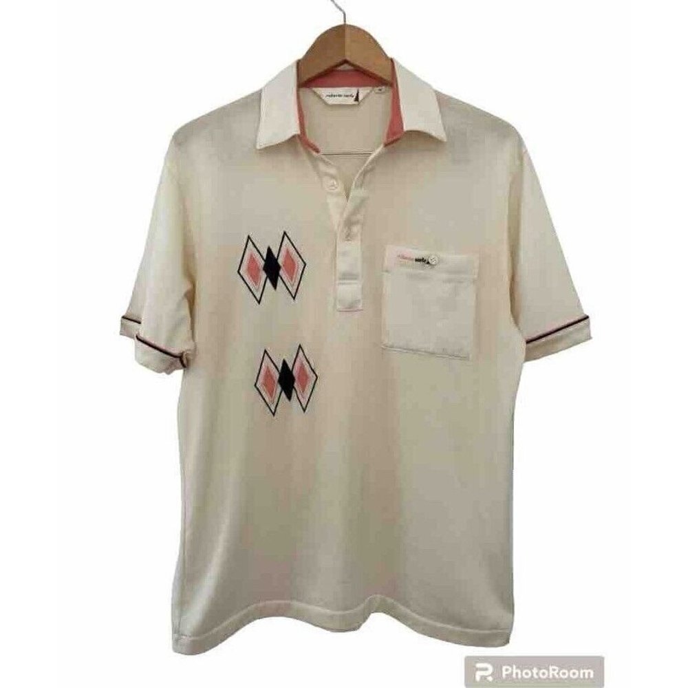 VTG Roberto Carlo Men's Sz M Pullover Polo Shirt Cream with Peach Black Diamonds
